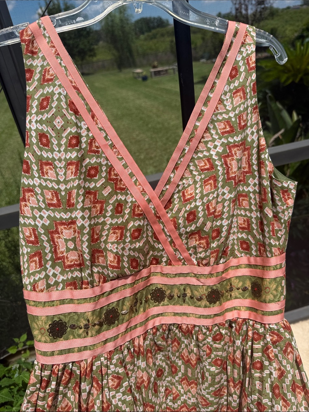 Signature by Robbie Bee cotton Coral, Olive and Pink Geometric Midi Dress - Picture 2 of 5